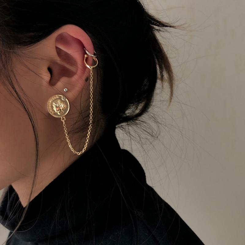 

Peri'sBox Single Piece Long Chain Hexagon Coin Earrings Cameo Portrait Circle Geometric Earrings for Women Stylish Stud
