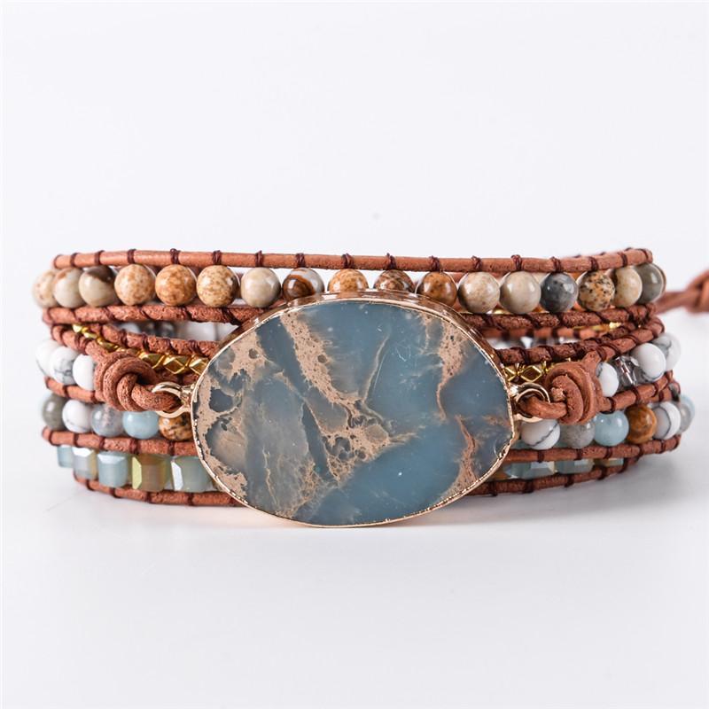 

Tennis Natural Stone Bracelet Boho 5X Leather Friendship Wrap Chic Jewelry Bohemian Drop, Golden;silver