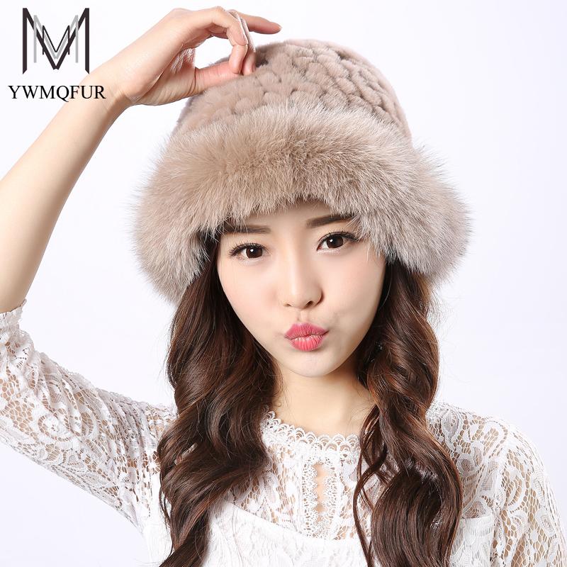 

YWMQFUR Real Fur Hat Winter For Women's Natural Rex Fur With Hat Caps Trendy New Solid Russian Knitting Hats H19, Black
