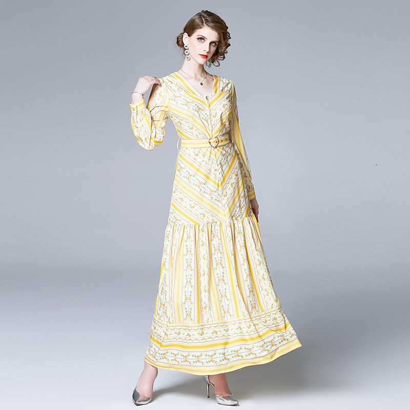 

2021 New Autumn Holiday Maxi Women's Sleeve O-neck Belted Print Elegant A-line Big Swing Green Bohemian Long Ckk0, Yellow