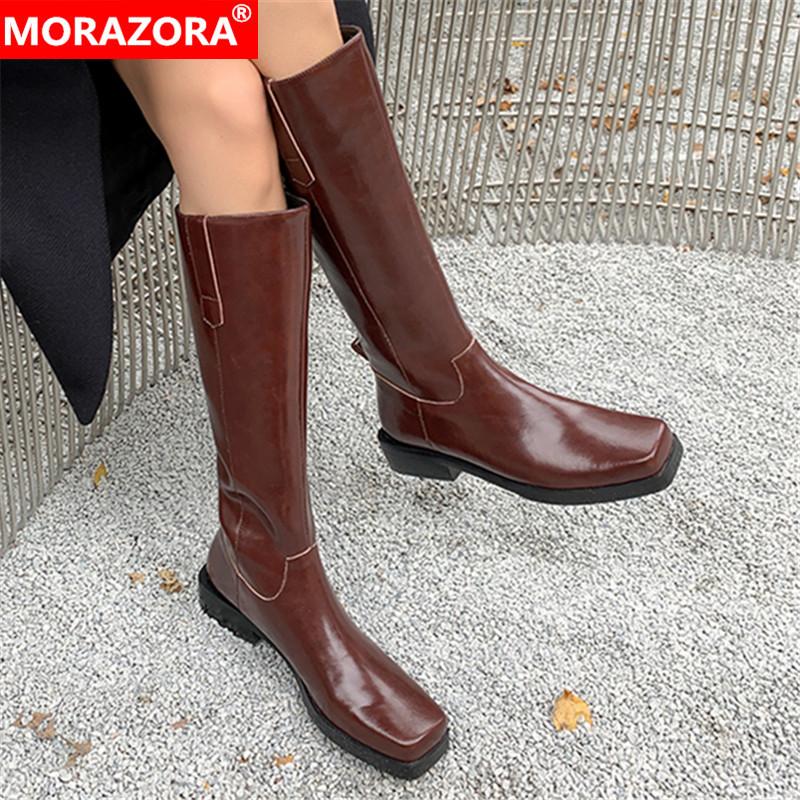 

MORAZORA 2021 Genuine Leather Boots Low Heel Square Toe Autumn Winter Women Boots Top Quality Solid Color Ladies Shoes, Black with fur