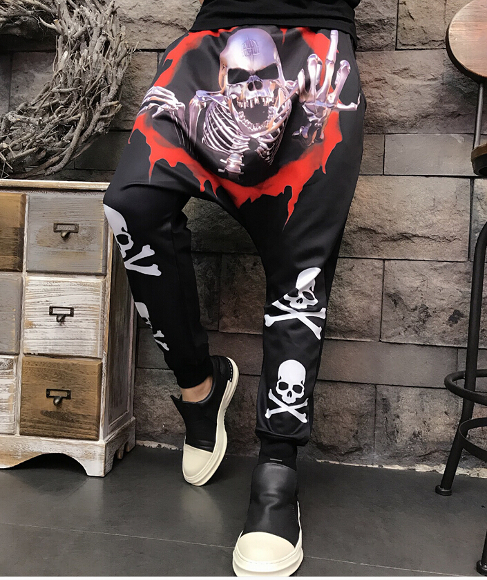 

Summer 2021 New Korean Male 3d Staff Skull Impression Cross-pants Leisure Printed Hallen Pants Jo2b, Black