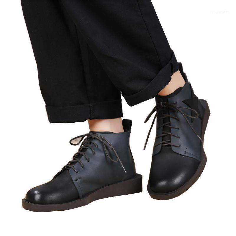 

2020 VALLU Autumn Women Footwear Ankle Boots Genuine Leather Round Toes Lace Up Mixed Color Ladies Shoes Flat Boots1, Blue