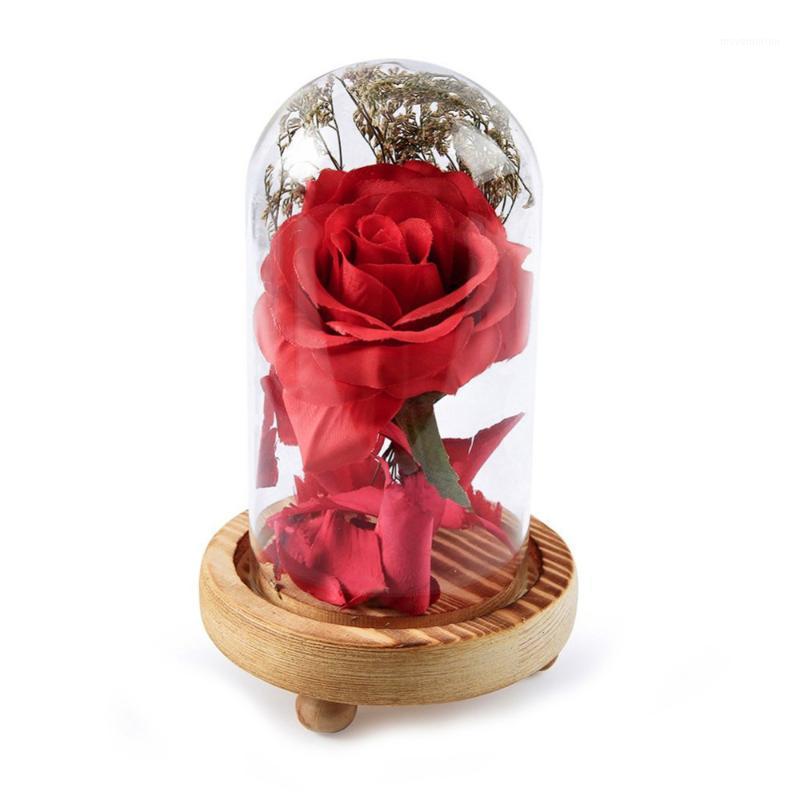 

Valentine's Day Gift Beauty Red Romantic Artificial Rose Fallen Petals in a Glass Dome on Wooden Base Wedding Table Decoration1