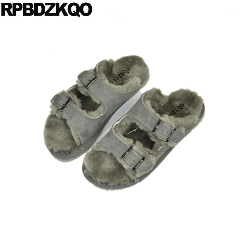 

plush 44 open toe fuzzy winter 11 fluffy slippers sheepskin wool real fur footwear suede slides woman shoes slip on1, Gray suede