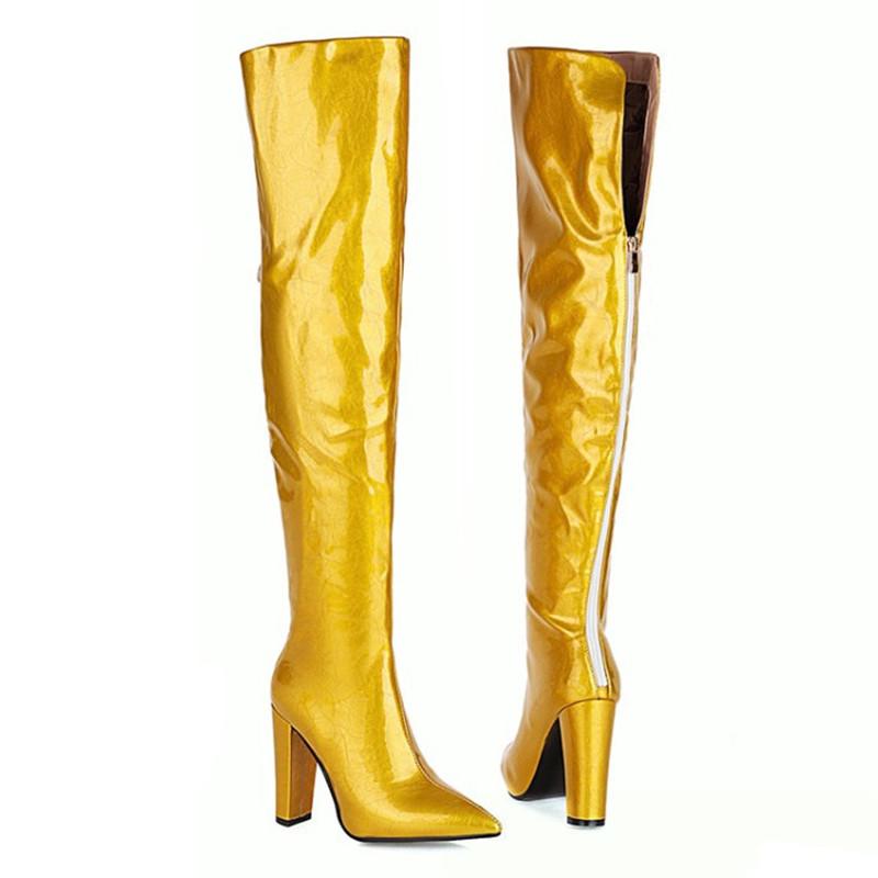 

New Arrival Over The Knee High Boots Women Pointed Toe Thick Heel Winter Boots Women Shoes High Heels Large Size, Blue