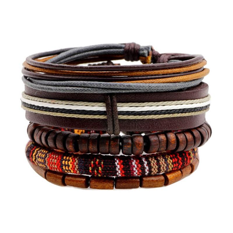 

5 PCS/set Wooden PU Leather Strand Bracelets For Handmade Jewelry Women Men Mothers Day Gift