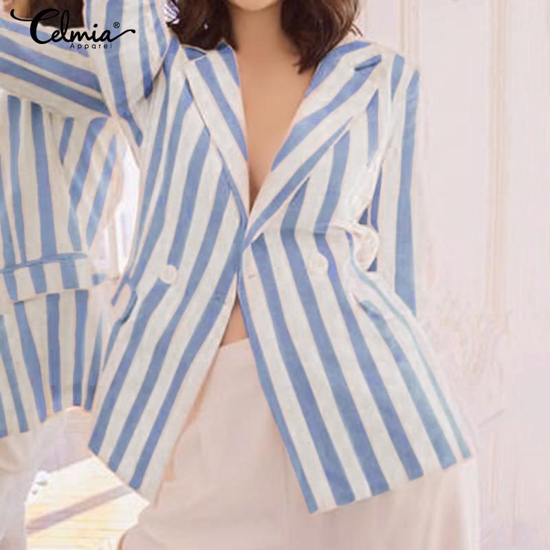 

Celmia 2020 Autumn Winter Women Striped Blazers Coats Casual Long Sleeve Lapel Pockets Loose Coats Jackets Plus Size Blazers 5XL, Black