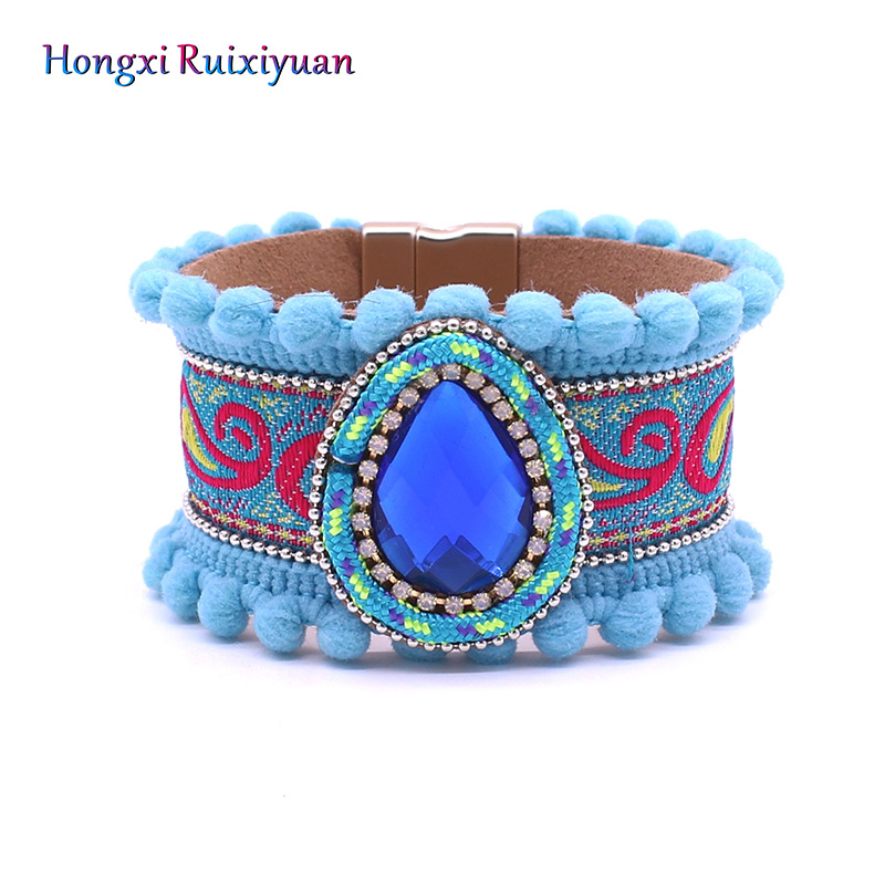 

Leather bracelet blue crystal stone bracelets for women bohemian European retro pattern charm magnetic buckle bracelet jewelry