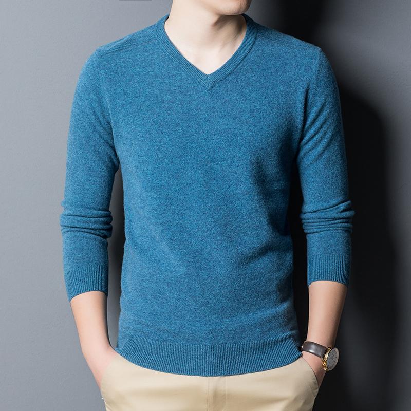 

Men' Autumn Winter 100% Wool V-neck Knit Sweater, Blue