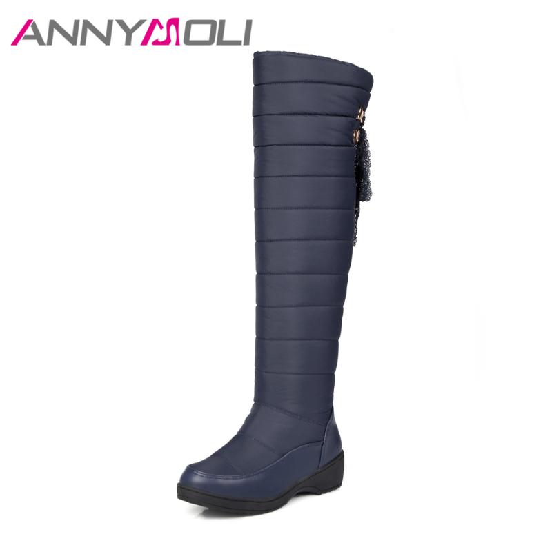 

ANNYMOLI Winter Snow Boots Women Over The Knee Boots Fur Warm Bow Lace Up Platform Flat Blue Black Big Size 11 44