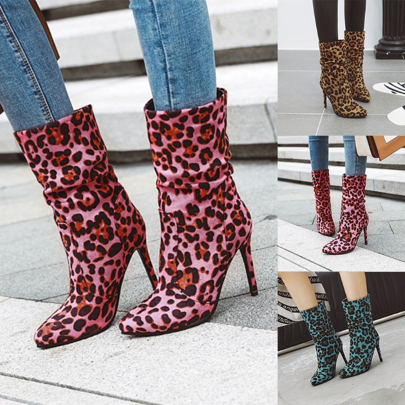 

Women's Fashion booties Ladies Leopard Pointed Toe High Heels Short Boots red brown sexy Party Plus size 43 Shoes British Style, Blue