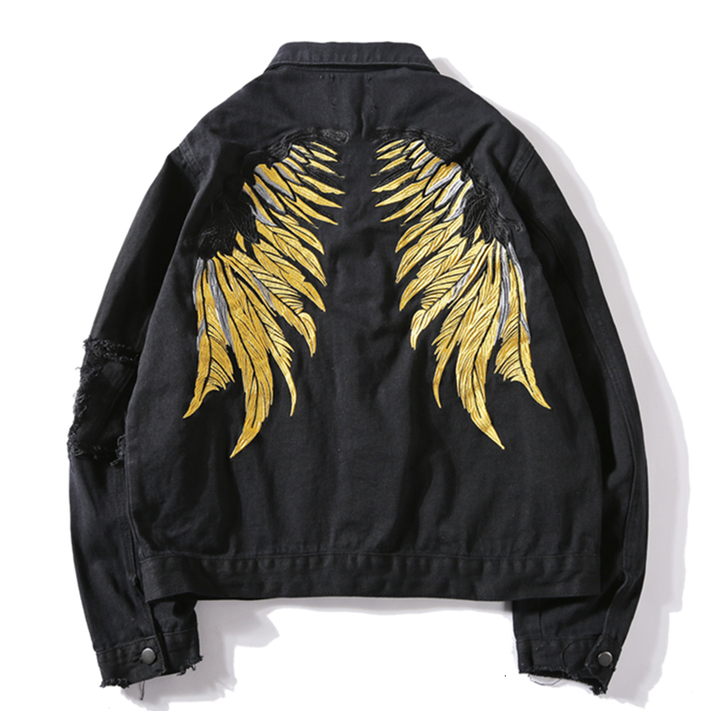 

2021 New Tang Spring Pants Hip Hop Men's Gold Wings Bounty Jacket Jeans Ripped Hole Denim Streetwear Jackets E0TW