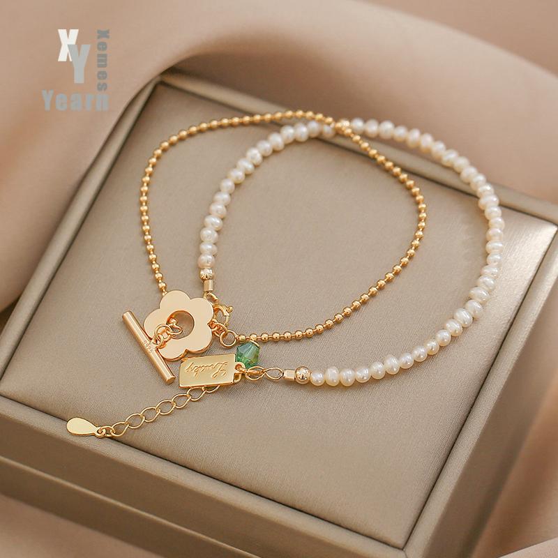 

Charm Bracelets 2021 Classic Natural Pearl Flower Two Piece For Woman Elegant Jewelry Korean Fashion Girls, Golden;silver