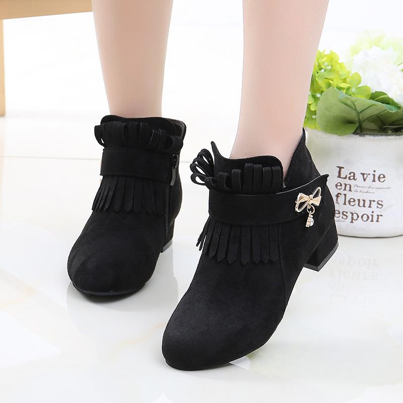 

2021 fashion new girl boots big girl children ankle boots princess warm cotton tassel, Black