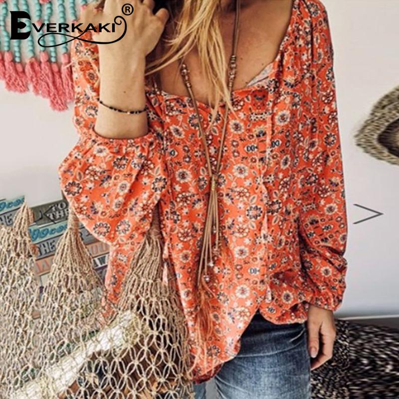 

Everkaki Ethnic Boho Print Blouse Women Tops Summer Shirts Ladies Vacation Beach Top Blouses Female 2020 Autumn New Fashion, Blue