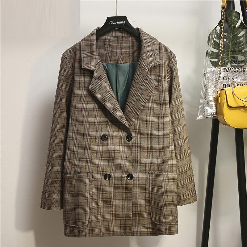

Fashion Plaid Office Lady Large Autumn Thousand Bird Loose Casual Khaki Xl-5xl Plus Size Pockets Coat Jacket for Women