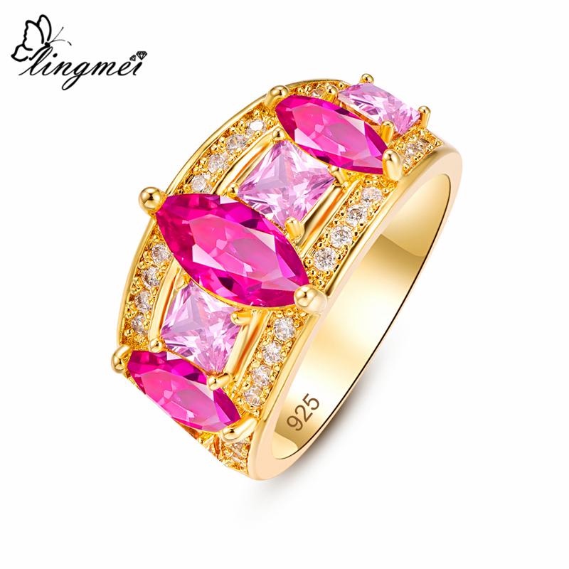 

lingmei Wedding Band Engagement Marquise Cut Yellow & Red Zircon Silver Color Yellow GoldRing Women Jewelry Size 6-9