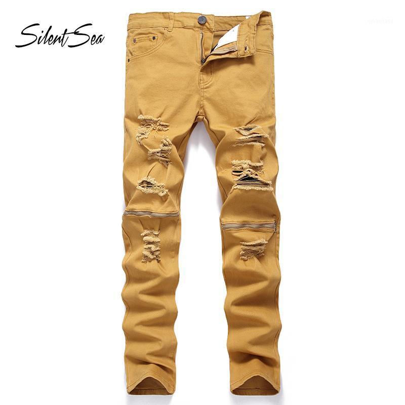 

Silentsea Men Jeans Ripped Design Fashion Men's Denim Pants Cotton Wash Hip Hop Work Trousers Jeans Zipper Skinny For Men1, Khaki