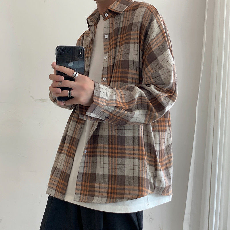 

2020 Spring And Autumn New Youth Popular Couple Models Hit Color Retro Plaid Long-sleeved Shirt Fashion Casual Shirt Yellow/blue