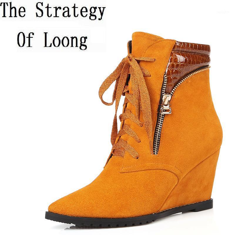 

Women Spring Autumn Winter Genuine Leather Flock Wedges Lace Up Pointed Toe Zipper Fashion Ankle Boots Plus Size 33-45 SXQ10061, Black fur