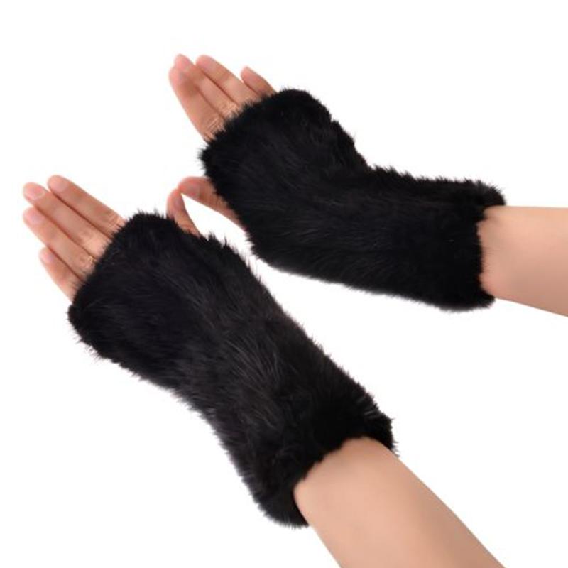 

Womens Real Knitted Mink Fingerless Soft Winter Fur Mittens Strong Elasticity Ladies Leather Gloves