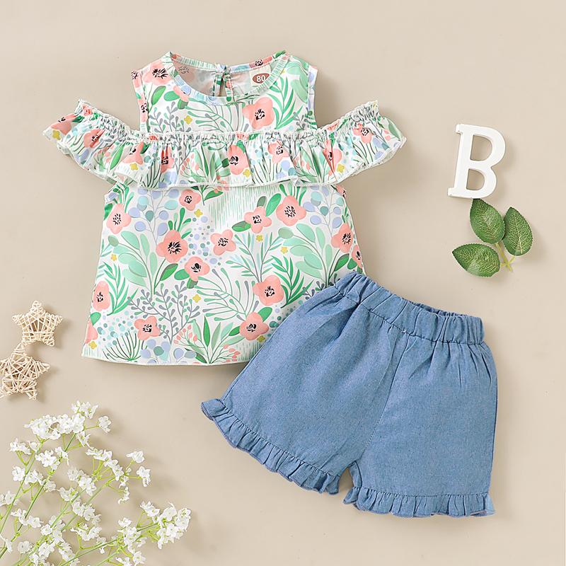 

Infant Dress 2021 Spring Summer Off-shoulder Girls Set Children's Floral Short-sleeved Denim Shorts 2pce Kids Suit 1-4 Years Old, Light blue