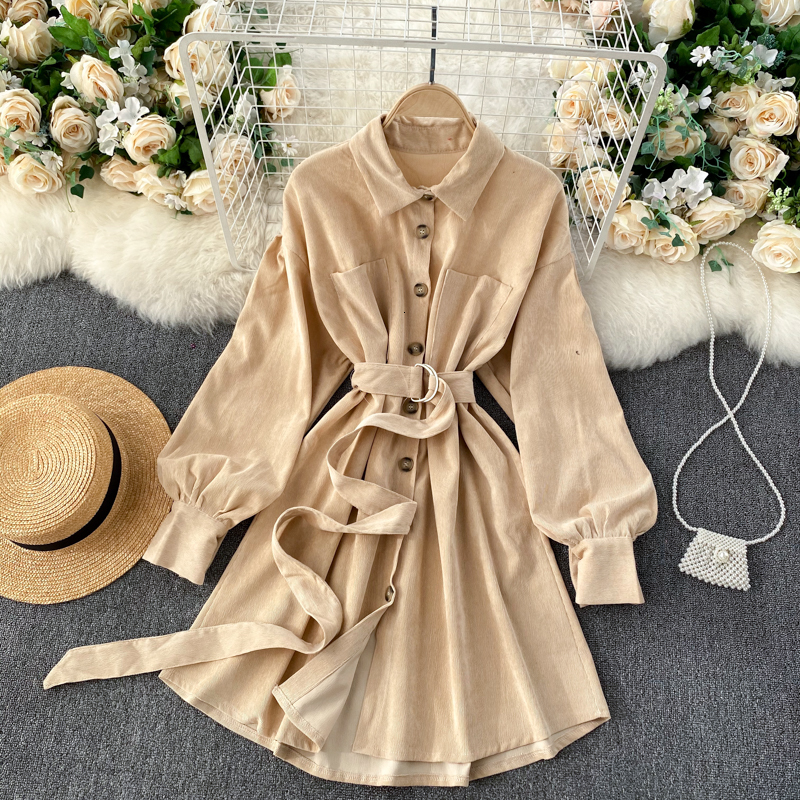

2021 New Singiny velvet sweaters girls collar puff button office elegant autumn solid a-line dress short 32UF, Black