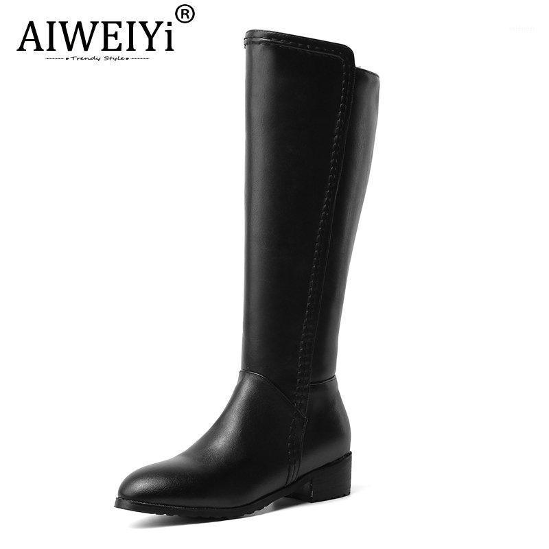 

AIWEIYi Woman Knee High Boots Black White Low Heels Thigh High Boots Motorcycle1
