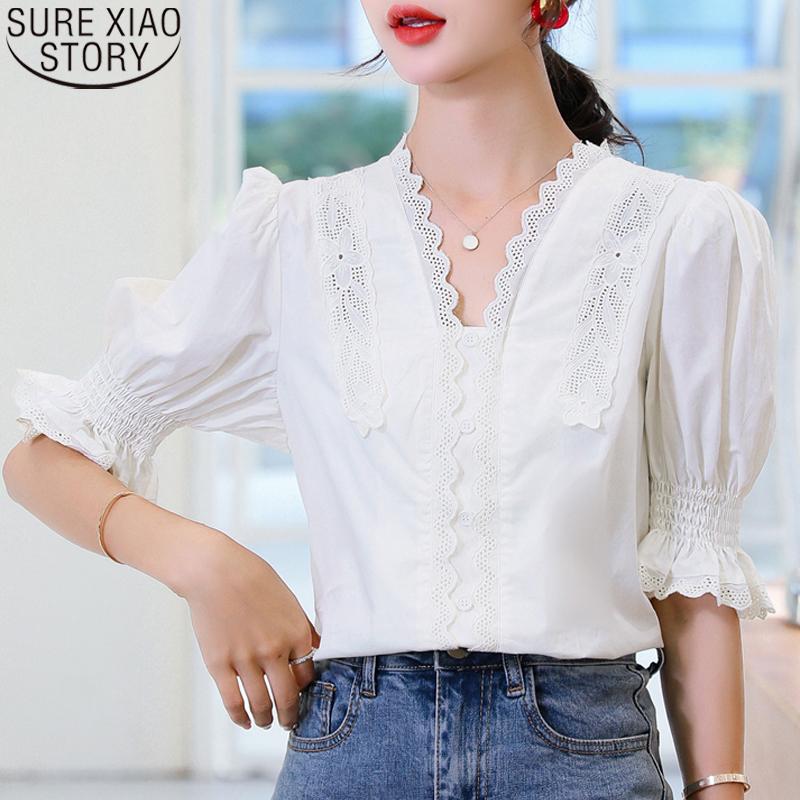 

Women's Blouses & Shirts 2022 Summer V-neck Lace White Blouse For Women Short Sleeve Casual Slim Solid Womens Tops And Blusas 10204