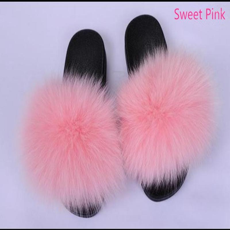 

New Fur slippers flat bottom flip flops fur household shoes slippers1, Pink