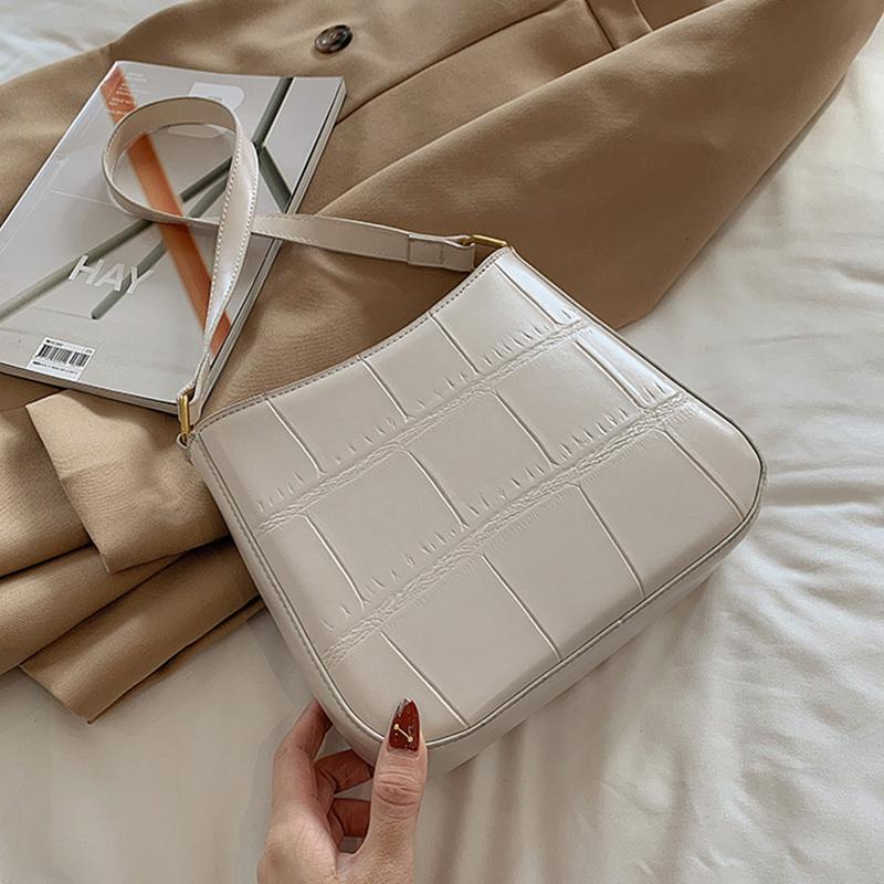 

Fashion Women Handbag Simple Female Shoulder Bag Solid Color Youth Designer PU Leather Bag Light 2021 With Stone Grain, White