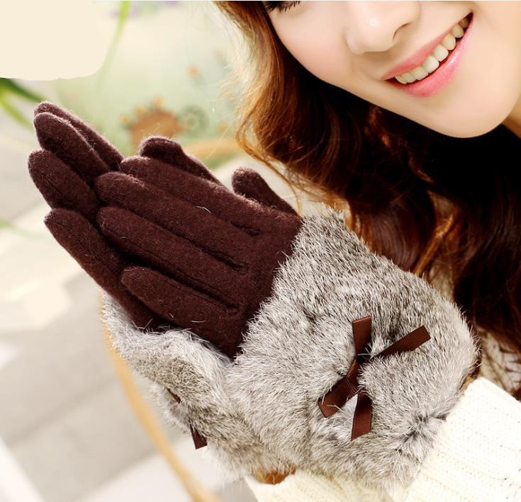 

Women's autumn and winter wool gloves lace bow thermal gloves female fur thick Glove full finger woll bowknot