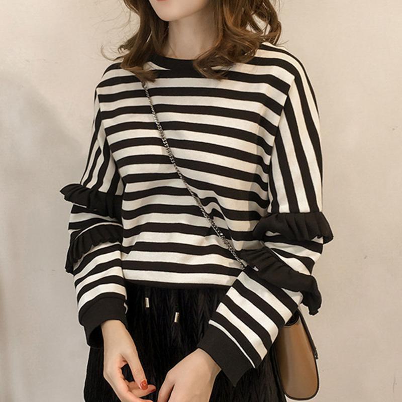 

Stripe Women's Sweater Autumn New Style Korean Splicing Long-sleeved Striped Round Neck Loose Casual Thin Style, Black