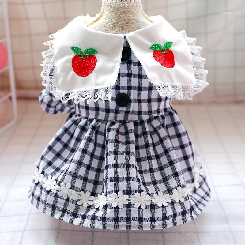

Dog Clothes Black-and-White Checkered Princess Lace Collar Red Printed Lovely Temperament Small Dogs Pets Accessories1, Blue