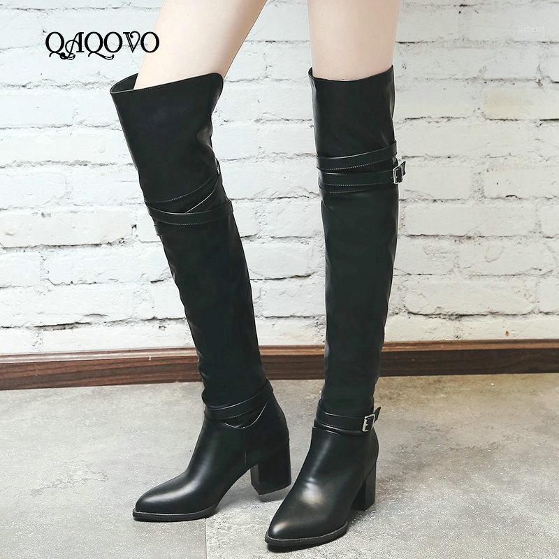 

Women Fashion Pu Leather Over the Knee Boots comfy Thick High Heels Thigh Boots Sexy Buckle Pointed Toe Slip On High1, Black