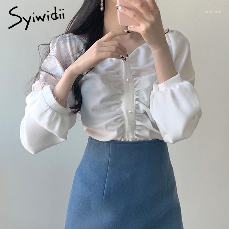 

syiwidii pleated womens tops and blouses V neck shirts casual korean fashion clothing streetwear harajuku pink white blouse 20201