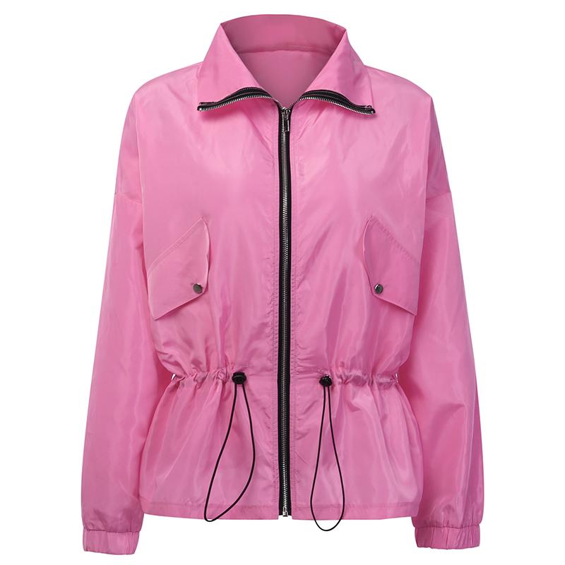 

Spring Autumn Women Girl loose Slim Drawstring Waist Hooded Jacket Zipper Windbreaker Casual Long Sleeves Coats Outerwear, Pink