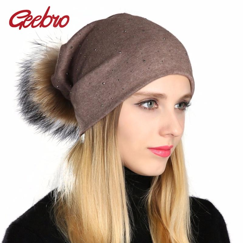 

Geebro Women Beanie Hat Ladies Pompom Beanie Hat Women Shine Rhinestones Female Causal Raccoon Fur Pom Pom Beanies, Light grey a