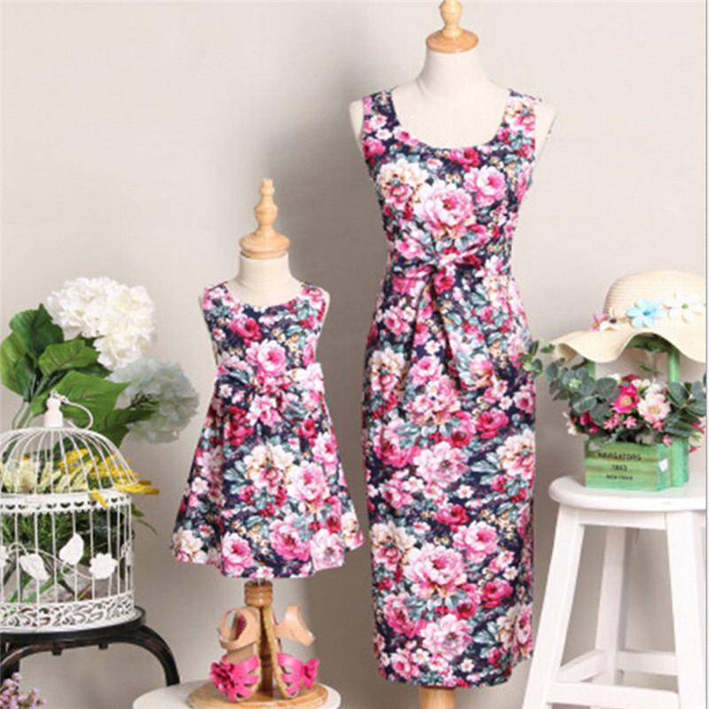 

Family Matching Outfits Mother and Daughter Dress Matching Women Kid Girls Casual Sleeveless Floral Dress Family Clothes1, As pic