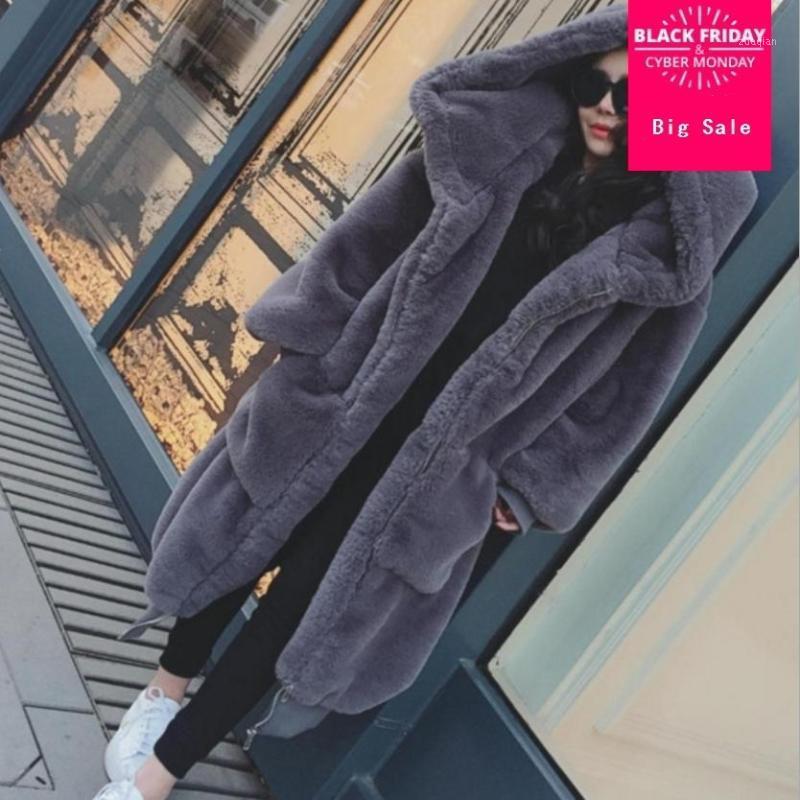 

2020 winter new womens faux fur jackets hooded casual winderbreaker female man-made fur outwear fake colthes L12411, Black