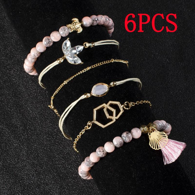 

Simple New Geometric Chain Euramerican Style Lady Fashion Sweet Metal Bracelet Multi-Layer Chain Round 6 Piece Set Pink Bracelet