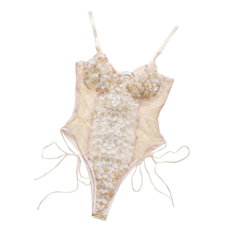 

Women Lingerie Set Sexy Embroidery Print Perspective Bodysuit One-piece Suit for Honeymoon Wedding Anniversaries, Beige