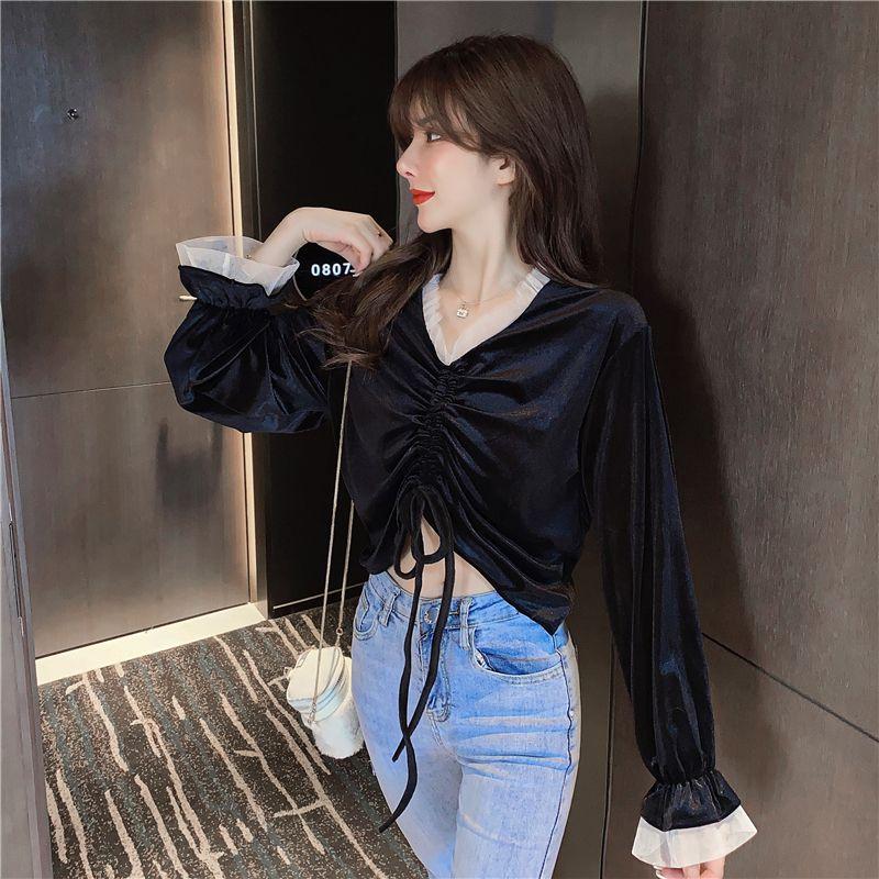 

COIGARSAM Vintage Full Sleeve blouse women Loose V-Neck blusas womens tops and blouses Black 5190