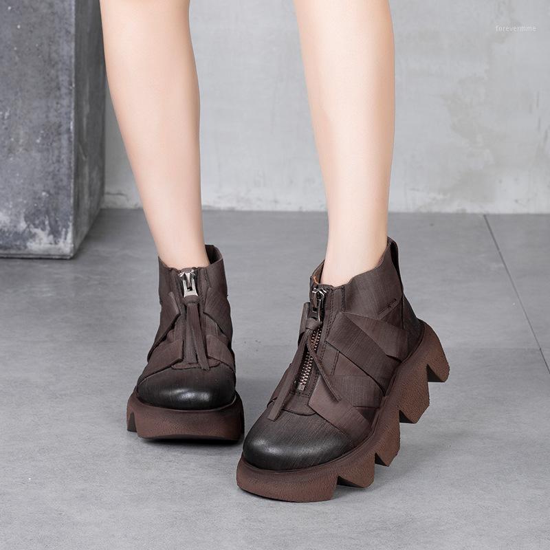 

Swonco Genuine Leather Boots Women Platform Casual Shoes Front Zipper 2021 New Autumn Short Boots for Women Black Sneaker1