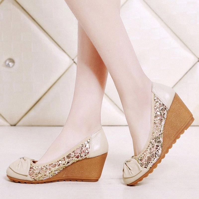 

Genuine Leather High Heels Women Wedge Shoes Casual Woman Summer Shoes Elegant Ladies Wedges Comfortable Female Sandalias A1553 #li2z, Beige