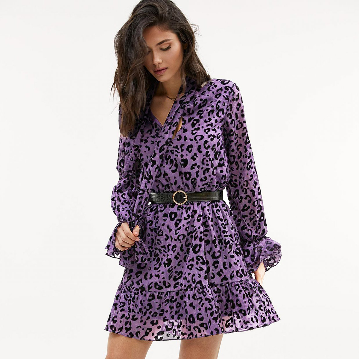 

2021 New Purple Mini Women Autumn Chic Long Flare Sleeve Bow Collar Short Es Casual Vintage Vestidos Wdxj