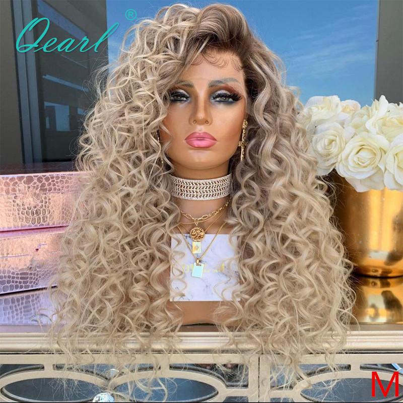 

Light Blonde Human Hair Lace Front Wig 13x6 Kinky Curly Ombre Wigs Free Part Brazilian Remy Hair Ashy Brown Roots 150% Qearl, 13x6 lace front wig