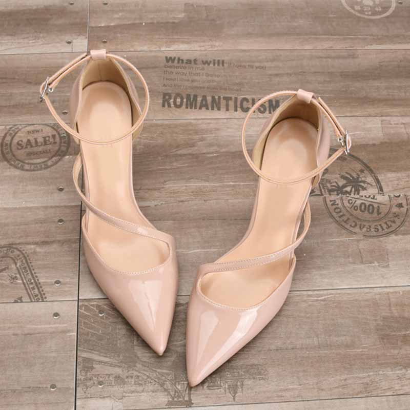 

New High Heels Wedding stiletto Cross-tied Shoes Summer Women Patent leather Shoes Pointed Toe Pumps Party, White 10cm