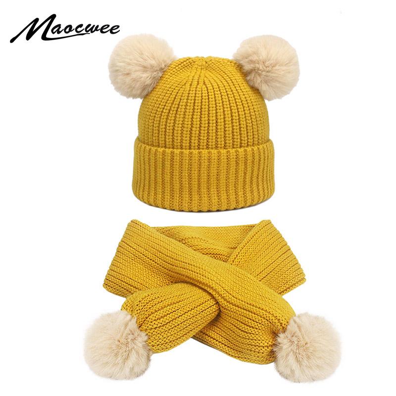 

Cute Winter Warm Kids Baby Girl Boy Two Faux Fur Pompoms Hats Solid Knitted Pom Beanie Scarf Crochet Ball Cap Solid Children Hat